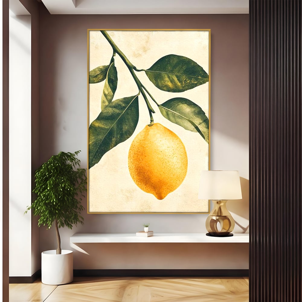 Tablou canvas cu ilustratie botanica cu lamaie si frunze, in rama de aluminiu auriu